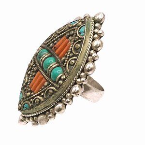 Tibetan Silver Coral Turquoise Ring Old Large Afghan Nepal Filigree Vintage